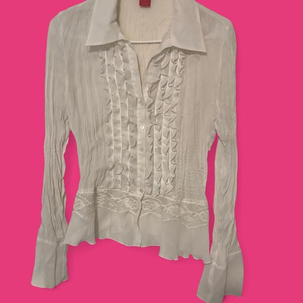 Vintage Y2K Sunny Leigh White Ruffle Plissé Blouse size Medium